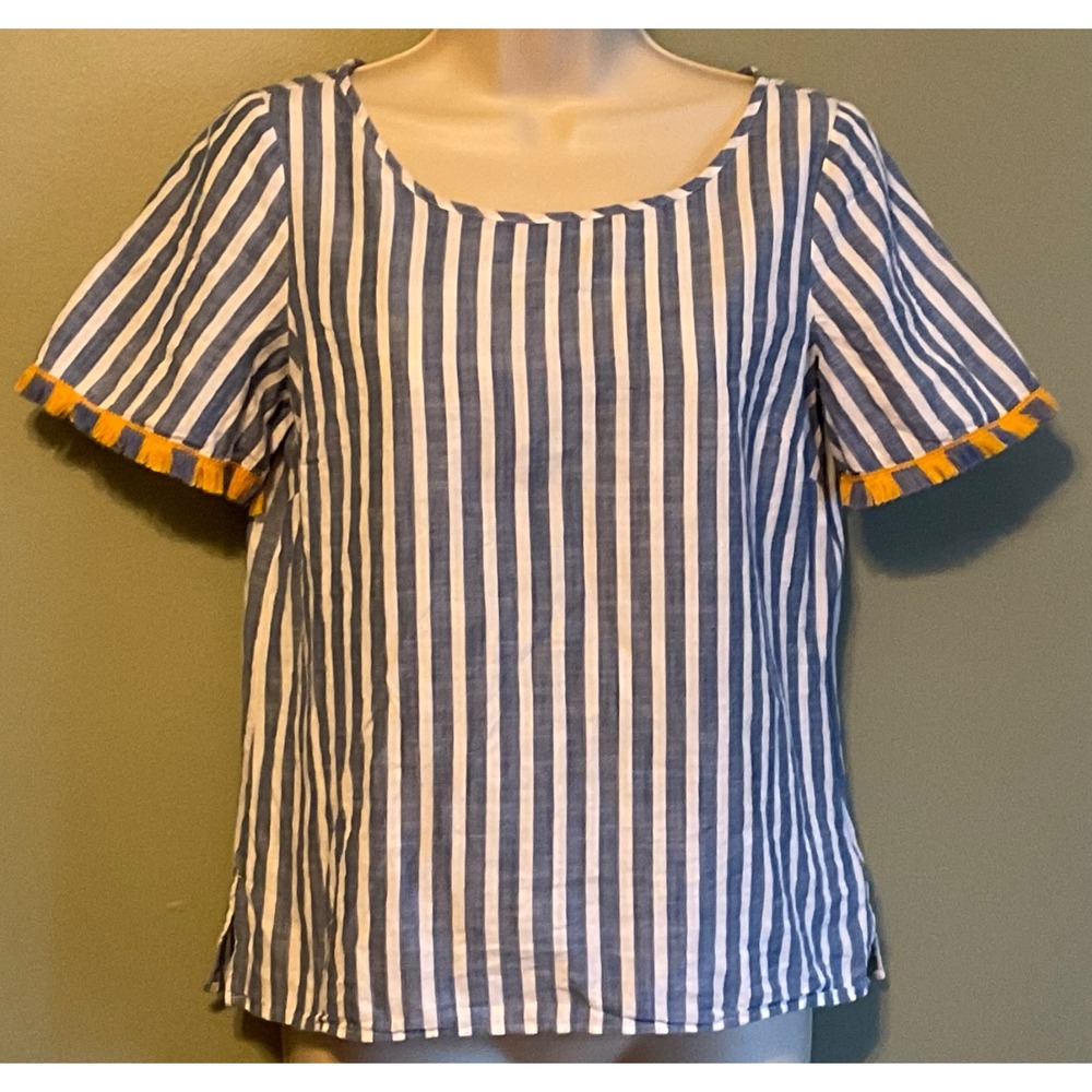 TALBOTS XS GAUZY TOP DENIM BLUE/YELLOW FRINGE 100% COTTON DARTS!